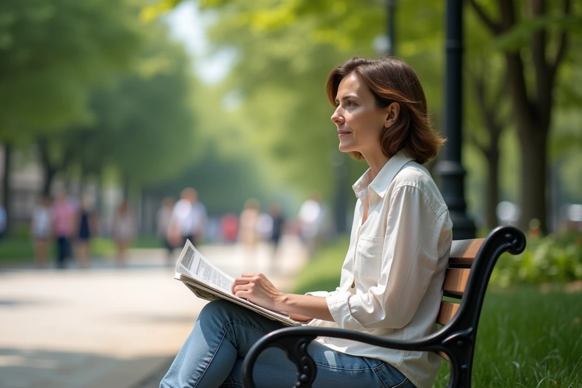 Femme lisant un magazine sur un banc de parc en plein air