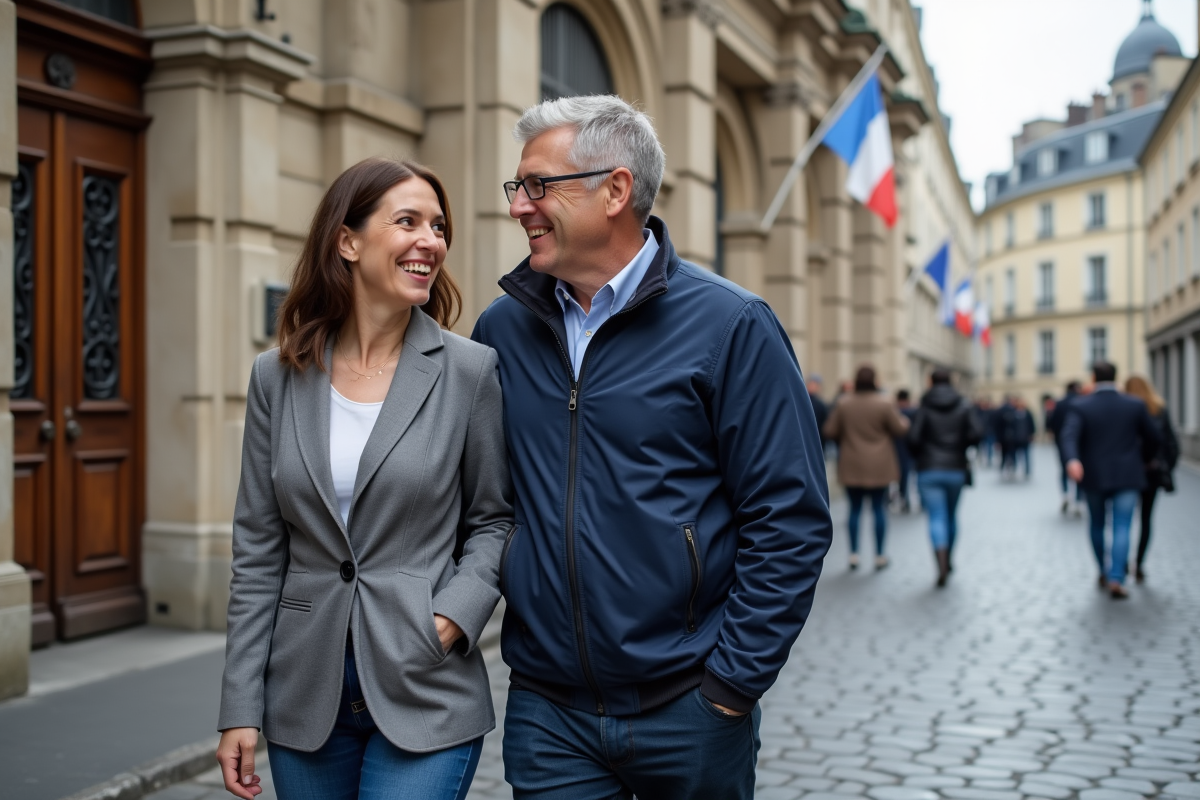 Femme maire et son conjoint marchant dans la rue historique
