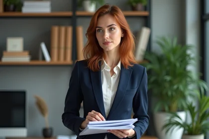 Femme en bureau moderne avec documents et plantes