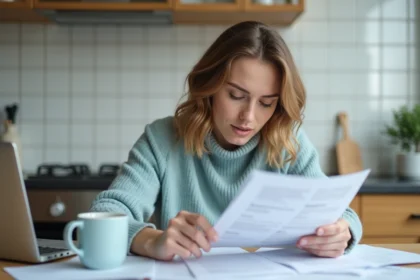 Femme assise à la cuisine avec papiers et ordinateur