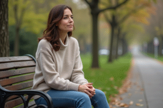 Femme assise sur un banc dans un parc au printemps