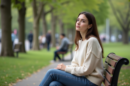 Femme assise sur un banc dans un parc urbain en réflexion