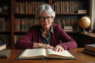 Femme examinant un document généalogique ancien avec des noms de famille manuscrits dans un bureau d'archives familiales