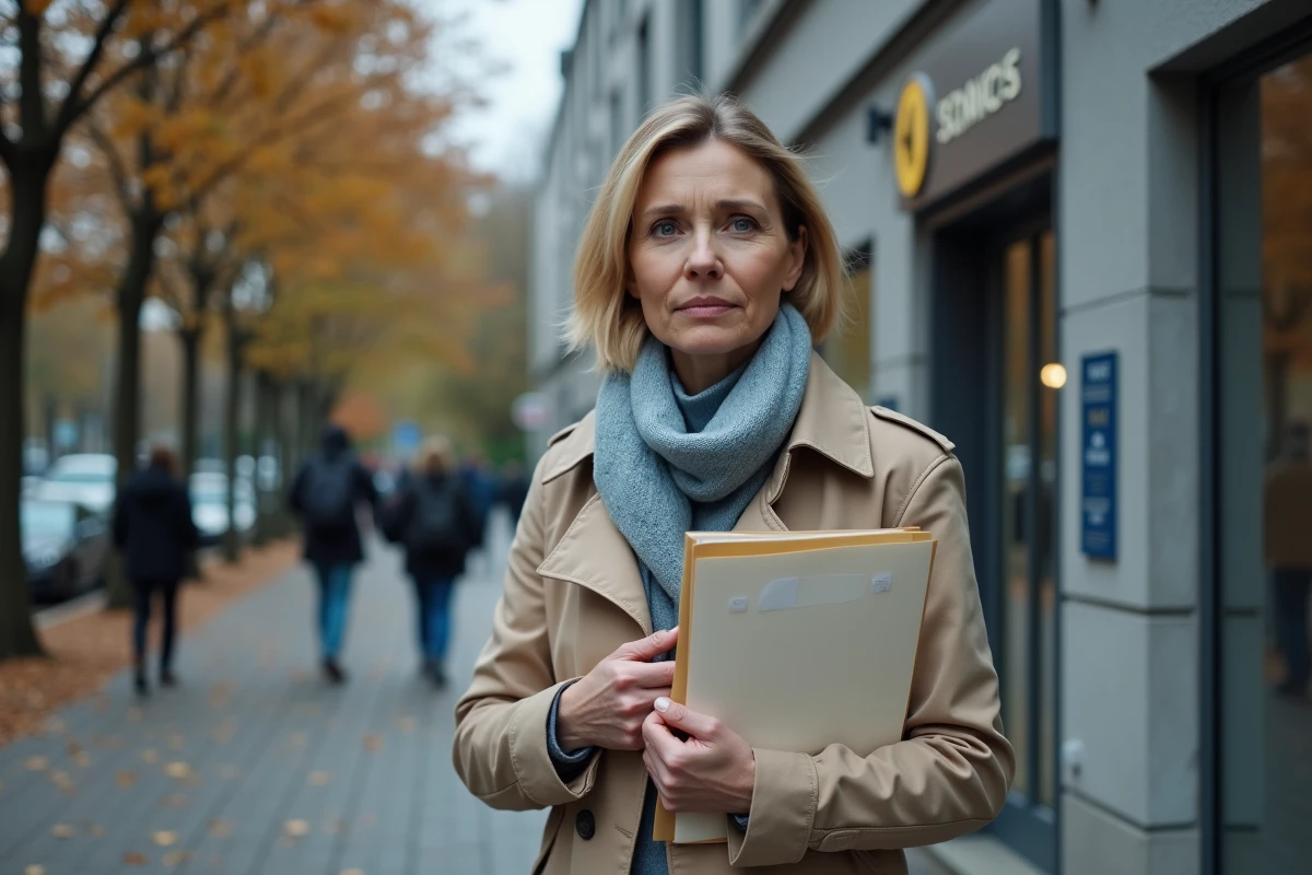 Femme seule devant un bâtiment des services sociaux tenant un dossier administratif