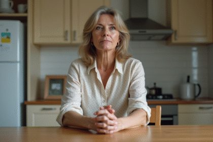 Femme pensive dans sa cuisine familiale