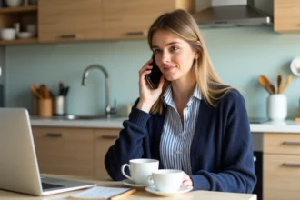 Femme au téléphone dans une cuisine lumineuse et chaleureuse