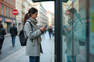 Jeune femme regardant une carte digitale à un arrêt de bus en ville
