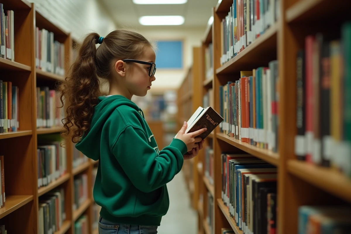 Une fille cherche un livre dans une bibliothèque scolaire