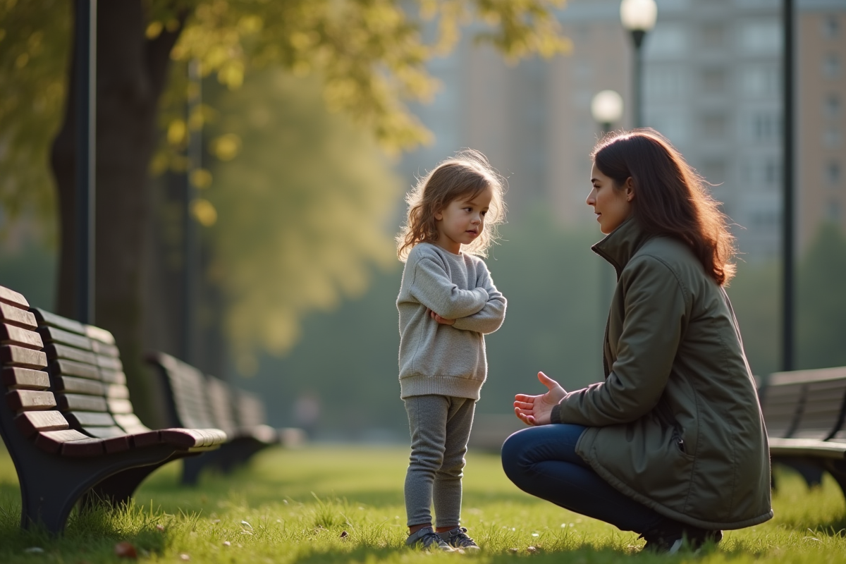 Fille et mère discutant dans un parc urbain