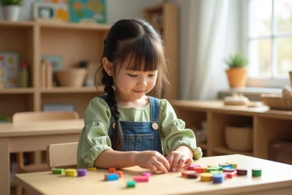 Jeune fille concentrée avec tuiles sensorielles Montessori