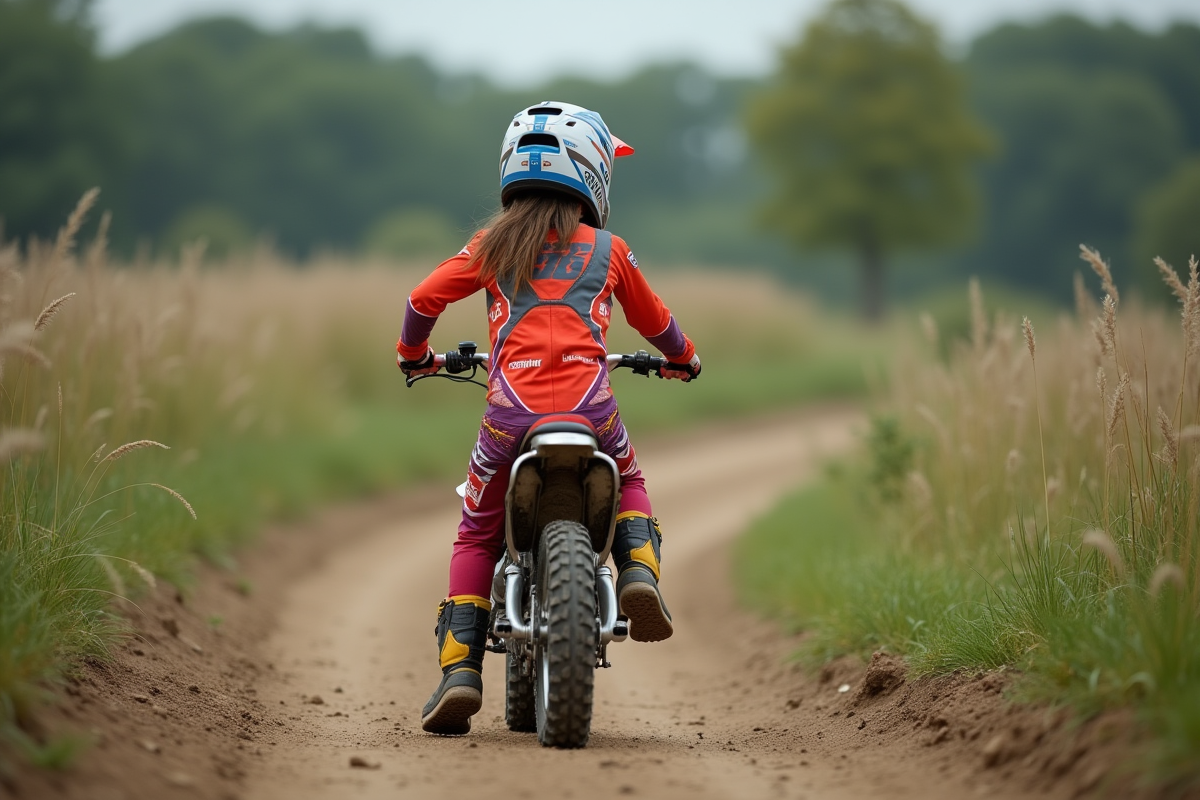 Fille de 10 ans poussant sa moto dans un parc