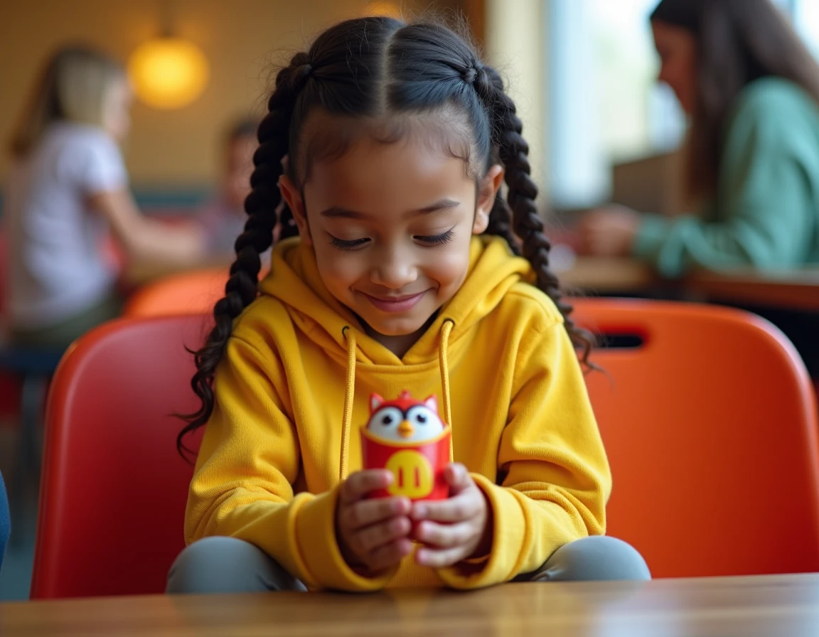 Fillette française inspectant le jouet d'un Happy Meal McDonald's dans l'espace jeux d'un restaurant