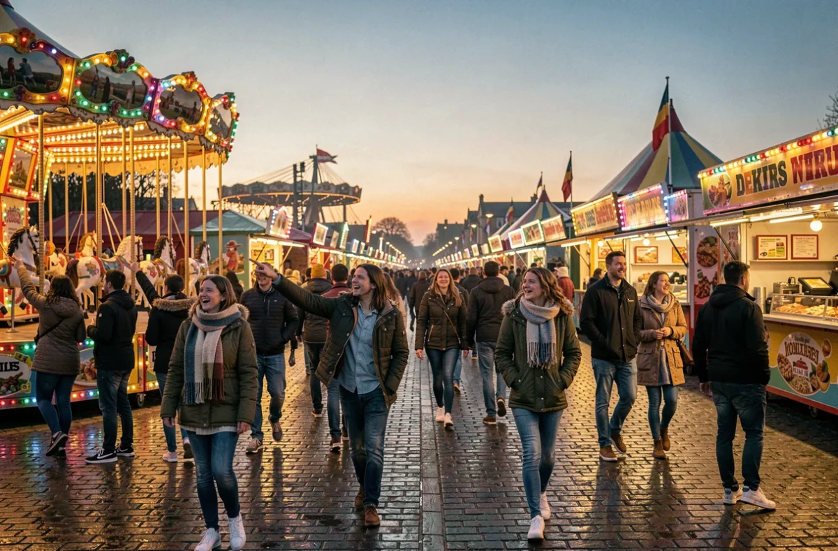 Foire aux manèges de Lille en soirée avec manèges illuminés et foule en promenade