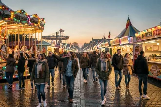 Foire aux manèges de Lille en soirée avec manèges illuminés et foule en promenade