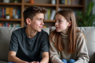 Deux freres assis sur un canapé en famille avec expressions conflictuelles