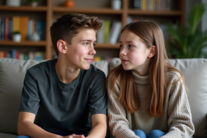 Deux freres assis sur un canapé en famille avec expressions conflictuelles