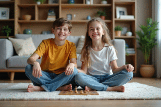 Freres et soeurs jouant à un jeu de société dans le salon