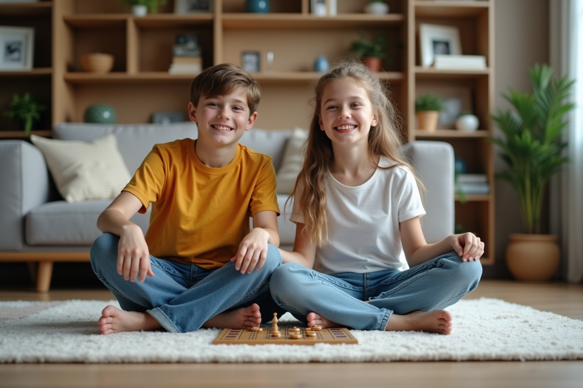 Freres et soeurs jouant à un jeu de société dans le salon