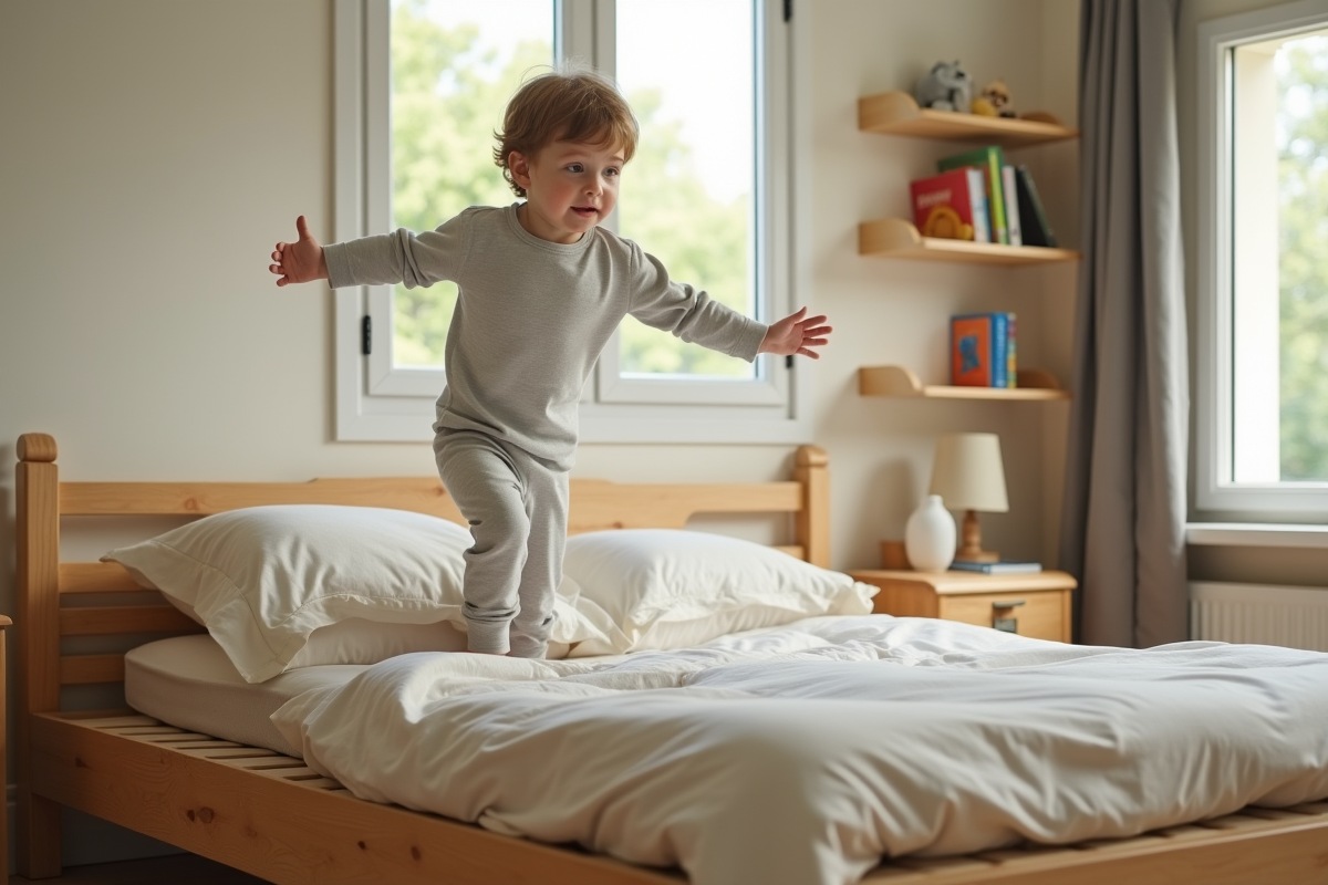 Garçon de 6 ans sortant de son lit en bois moderne