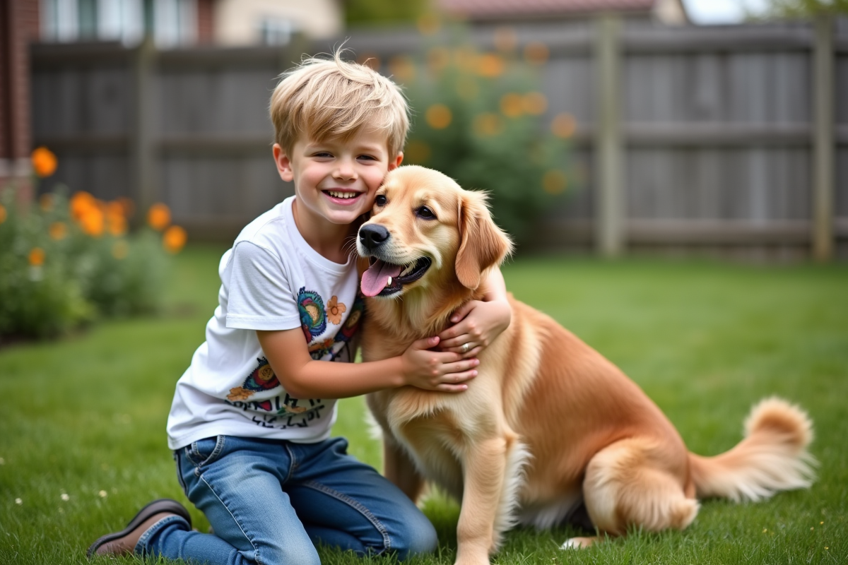 Jeune garçon avec chien dans le jardin