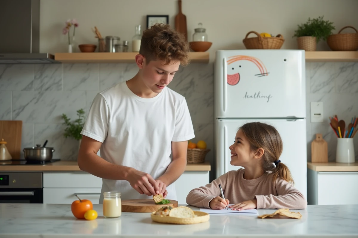 Adolescent responsable préparant une collation dans la cuisine