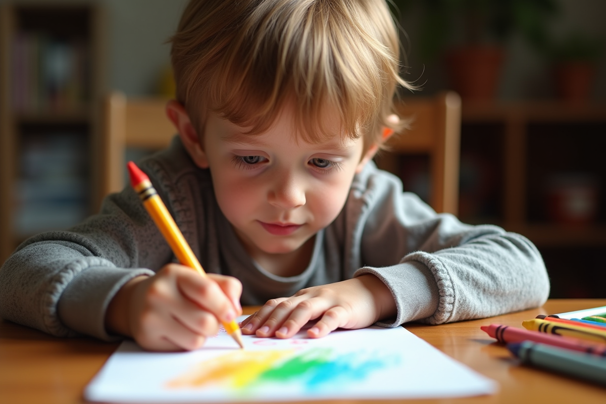 Garçon de 3 ans dessinant avec des crayons à une table en bois