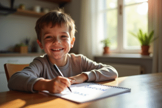 Jeune garcon souriant écrivant noms L à la maison