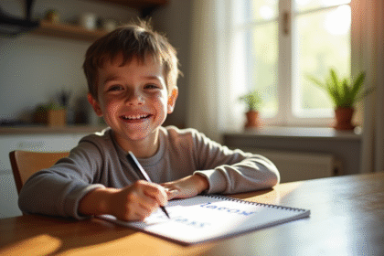 Jeune garcon souriant écrivant noms L à la maison