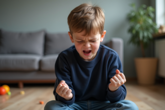Garçon de 10 ans frustré assis sur le sol intérieur