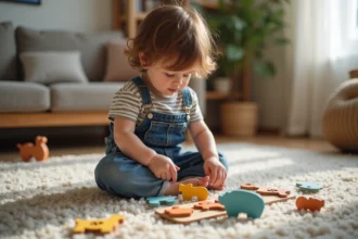 Garçon de deux ans assemble un puzzle en bois coloré