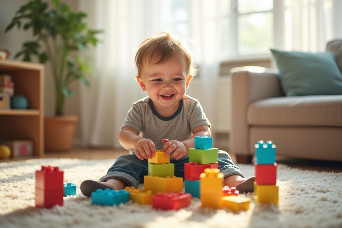 Garçon de 3 ans jouant avec des blocs colorés dans le salon