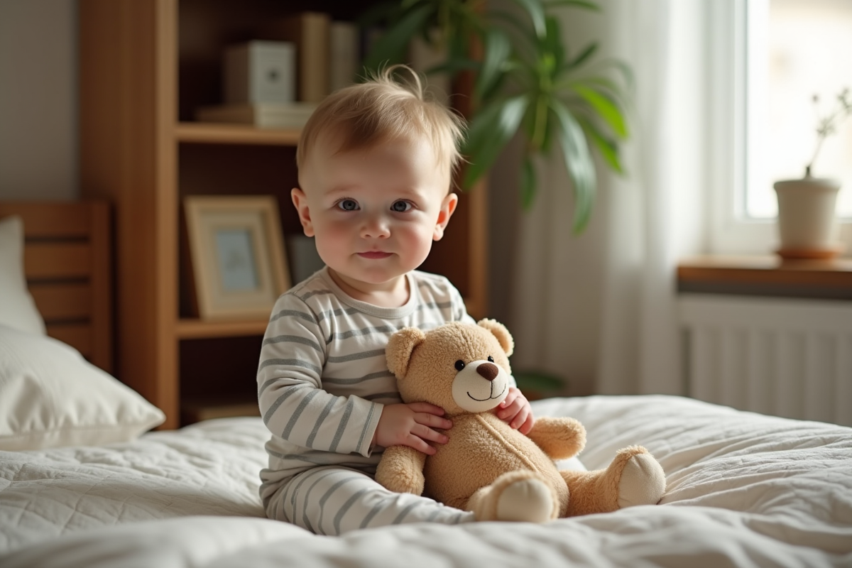 Bébé garçon assis sur un lit avec peluche dans une chambre chaleureuse