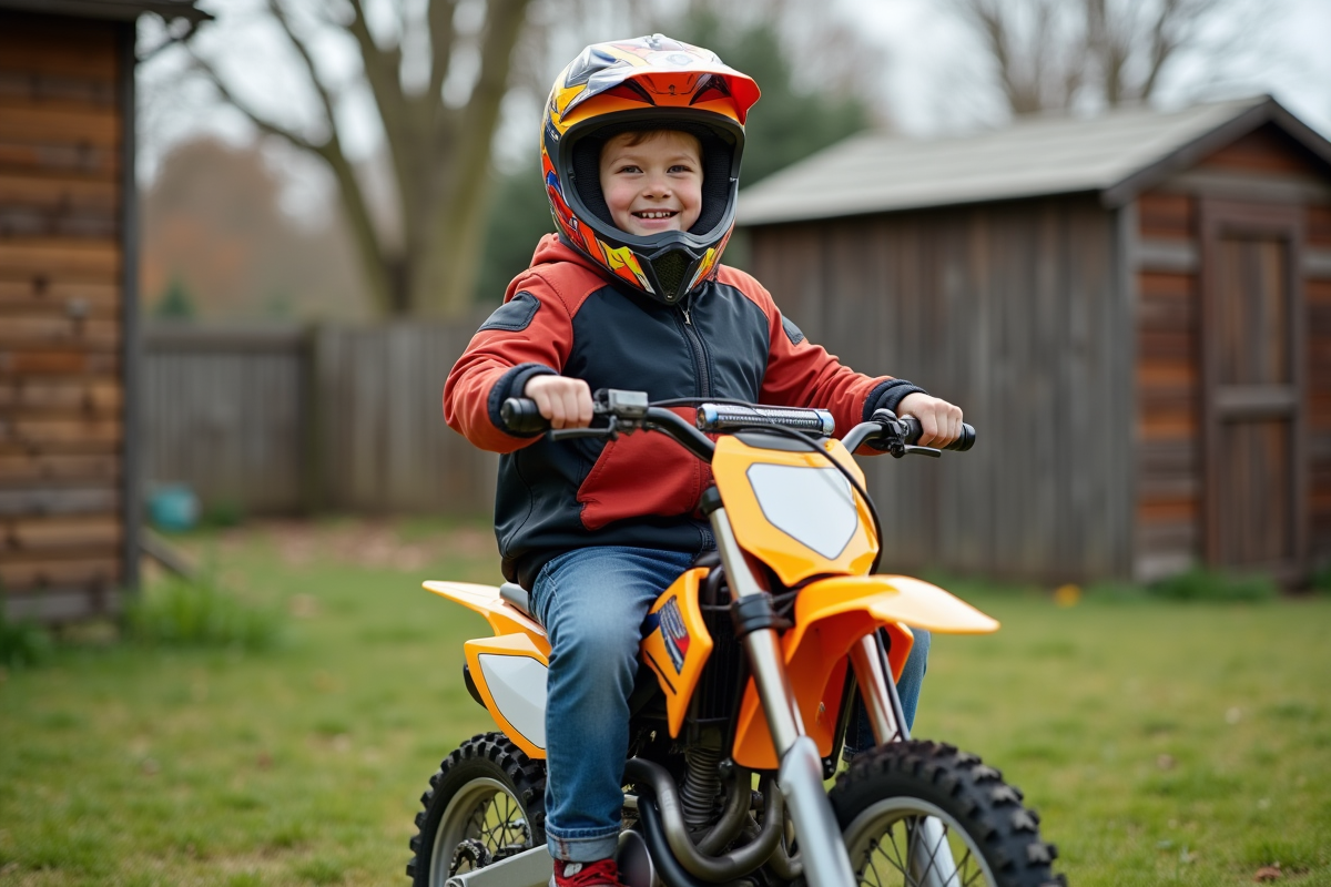 Garçon de 8 ans souriant avec casque motocross en extérieur