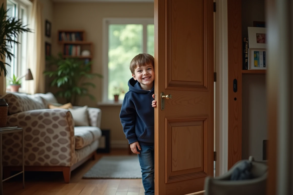 Jeune garçon regardant par une porte de salon entrouverte