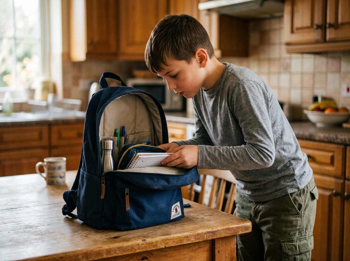 Garçon préparant son cartable scolaire à la maison avec fournitures et cahiers