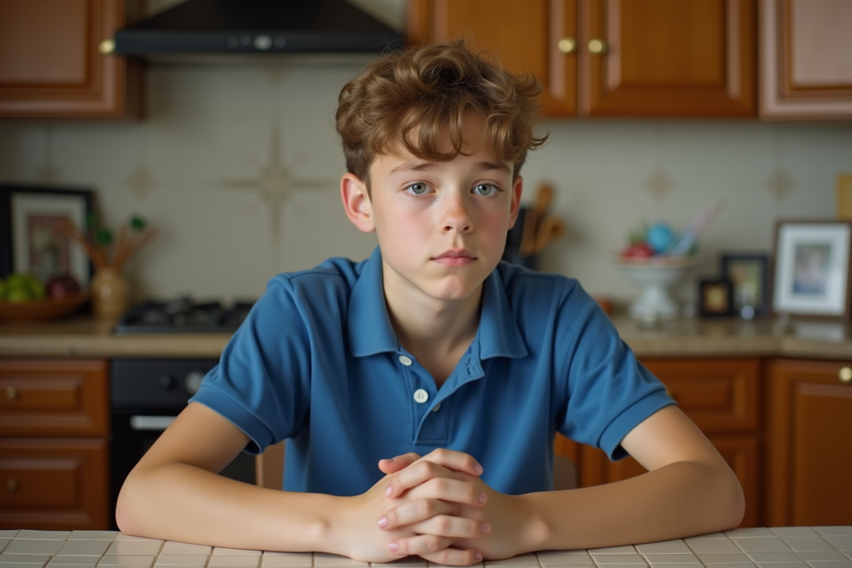 Jeune garçon de 14 ans pensif à la cuisine chaleureuse