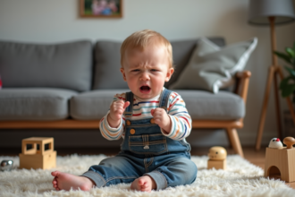 Garçon de deux ans en habits colorés en pleine crise
