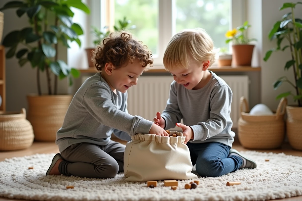 Deux garçons jouant avec un sac mystère Montessori