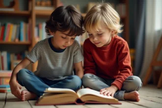 Deux garçons lisent un livre dans une chambre chaleureuse