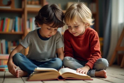 Deux garçons lisent un livre dans une chambre chaleureuse