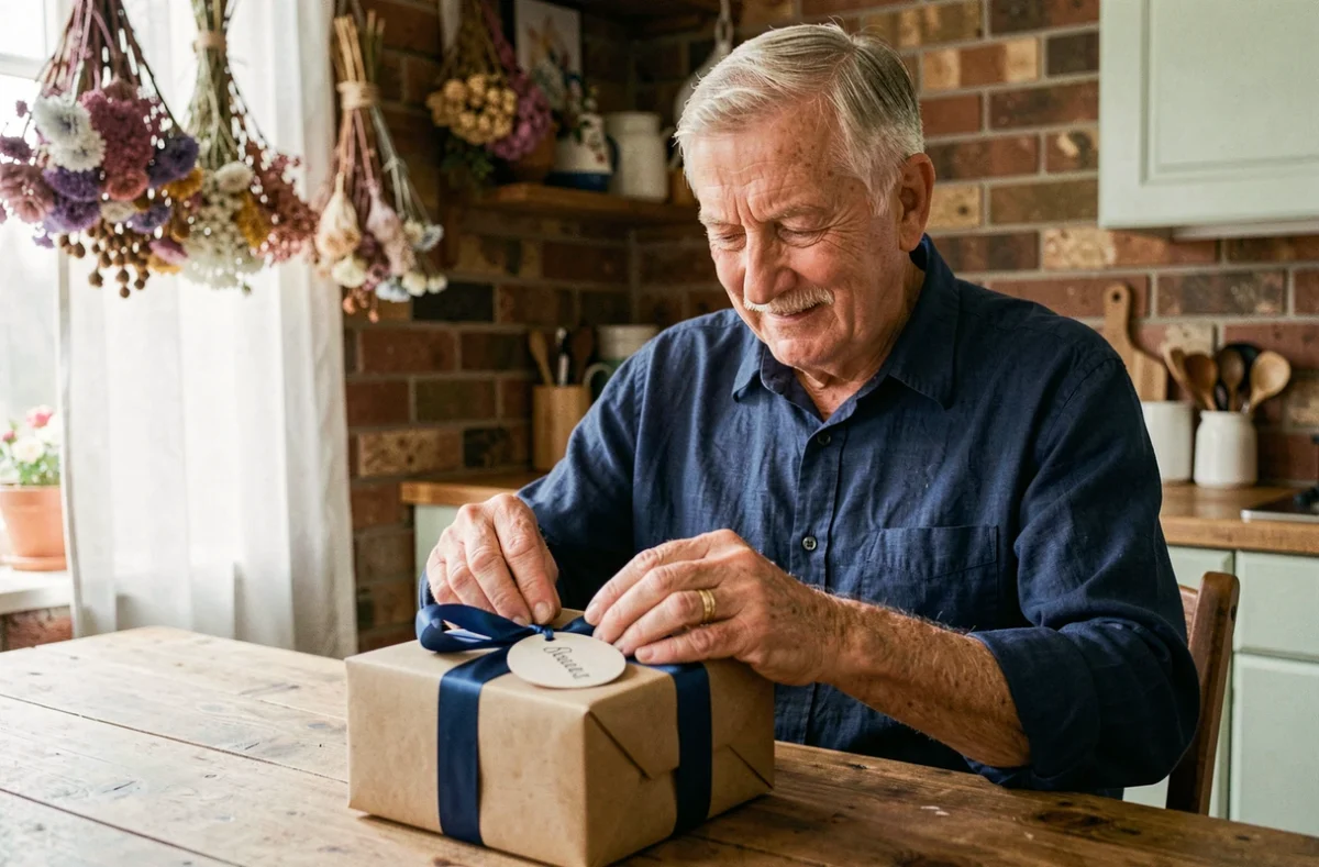 Grand-père préparant un cadeau personnalisé pour la naissance et le baptême de son petit-enfant