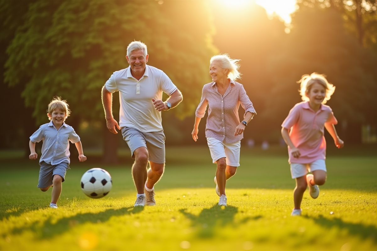 Grandparents jouant au soccer avec petits-enfants dans le parc ensoleille