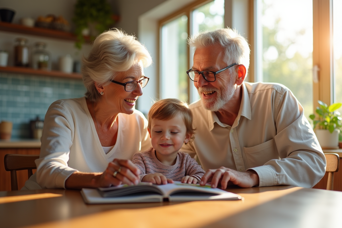 Grandparents lisant un livre aux enfants dans la cuisine lumineuse