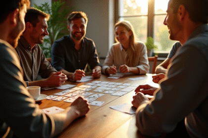 Groupe d'amis jouant au rummy autour d'une table ensoleillée