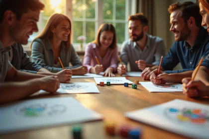 Groupe d'amis jouant à des jeux de société autour d'une table en journée