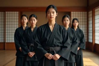 Groupe d adultes en tenue martiale dans un intérieur japonais