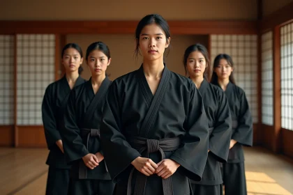 Groupe d adultes en tenue martiale dans un intérieur japonais