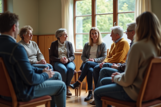 Groupe de parents en cercle dans une salle chaleureuse