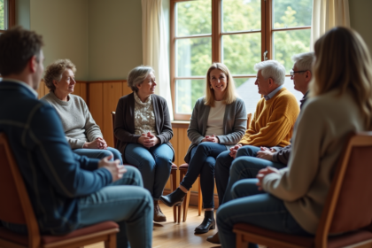 Groupe de parents en cercle dans une salle chaleureuse