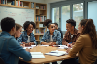 Groupe d'étudiants universitaires en discussion dans une salle lumineuse